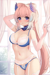 1girls blush bra breasts cleavage female female_only garter_belt garter_straps genshin_impact icwine lingerie looking_at_viewer medium_breasts navel panties pink_hair ponytail purple_eyes sangonomiya_kokomi seductive thick_thighs thighhighs thighs underwear