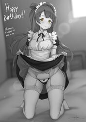 1girls ass big_ass big_hips black_and_white breasts brown_eyes female female_only grey_hair hips holding_skirt lingerie love_live! love_live!_school_idol_project maid_uniform minami_kotori mostly_clothed on_bed panties small_breasts thick_thighs thighs unsfrau