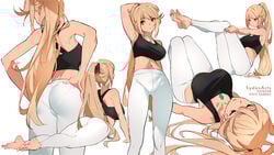 16:9_aspect_ratio alternate_breast_size arm_behind_head armpits ass bangs bare_shoulders barefoot black_bra black_sports_bra black_underwear blonde_hair bra breasts chest_jewel clavicle closed_mouth clothing exercise eyebrows_visible_through_hair feet female from_behind hands_on_hips large_breasts long_hair lying midriff multiple_views mythra navel nintendo on_back one_arm_up pants pantylines ponytail sitting soles sports_bra sportswear standing stretch swept_bangs sydus tank_top tied_hair tight tight_pants toes toned underwear very_long_hair white_pants xenoblade_(series) xenoblade_chronicles_2 yellow_eyes yoga_pants