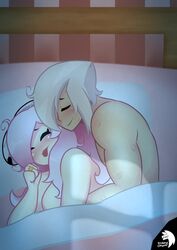 aged_up ami_(gwain_saga) bed bedroom covered_breasts cuddling geo_(gwain_saga) geoexe gwain_saga happy in_bed insane_okamy kiss_mark light-skinned_female light-skinned_male lights_off lipstick_mark male/female married_couple muscular_male night nude pink_hair ring_(jewelry) silver_hair smiling spooning tongue_out under_covers watermark white_hair wholesome