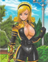 1girls 2021 big_breasts blonde_hair bodysuit breasts cleavage huge_breasts king_of_fighters king_of_fighters_maximum_impact lien_neville no_bra pencil_(artwork) ravern_clouk red_eyes snk solo solo_female tagme unzipped_bodysuit