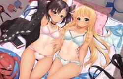 2girls bikini black_hair blonde_hair blush breasts choker eye_contact female female_only hair_ribbon jacket lillie_(pokemon) long_hair looking_at_viewer marnie_(pokemon) minato_ojitan nintendo pokemon pokemon_sm pokemon_ss short_hair tan_skin tanline thighs