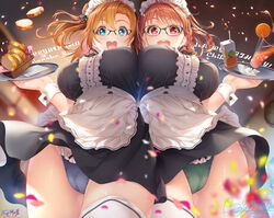 2girls big_breasts blue_eyes blue_panties braid breasts female female_only glasses green_panties hair_ornament hozumi_kaoru kousaka_honoka love_live! love_live!_school_idol_project love_live!_sunshine!! maid maid_uniform orange_hair panties red_eyes takami_chika thick_thighs thighhighs thighs upskirt