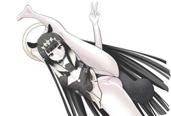 1girls black_and_white choker clothed dark_hair diadem female female_focus female_only halo hand_on_leg hands_behind_head highres hololive hololive_english hololive_myth leg_above_head leg_over_shoulder legs_over_head legs_spread light_hair long_hair looking_at_viewer mole mole_under_eye multicolored_hair ninomae_ina'nis peace_sign pussy pussy_focus pussy_peek pussy_visible_through_clothes questionable_anatomy smile smiling smiling_at_viewer tiara very_long_hair virtual_youtuber white_background