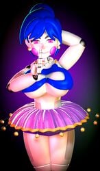 3d 3d_(artwork) 3d_model arm_behind_head ballerina ballora ballora_(fnafsl) blue_hair bra earrings eyelashes finger_to_mouth five_nights_at_freddy's five_nights_at_freddy's:_sister_location five_nights_in_anime fnaf jewelry large_breasts necklace purple_cheeks purple_eyes scottgames seductive_smile sfm simple_background sister_location standing tiara tutu white_skin