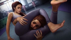 16:9 1boy ass barefoot brown_hair burgundy_hair butt closed_mouth clothed cypriot dat_ass european faceless_male feet female green_eyes gym head_between_thighs heel immobile immobile_fellatio immobilization immobilized indoors leggings long_hair looking_at_another nutaku on_ground on_side open_eyes oral_insinuation petite ponytail sexy_airlines sports_bra toes white_bra zuleyha_burakgazi_(sexy_airlines)