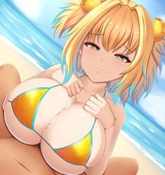 beach bikini blonde_hair blue_eyes blue_hair bombergirl breasts clothed_female_nude_male cloud covered_paizuri ejaculation_between_breasts explosive grenade grenade_hair_ornament large_breasts multicolored_hair ocean paizuri paizuri_under_clothes penis pine_(bombergirl) renetan short_hair smug straight swimsuit symbol-shaped_pupils twintails two-tone_hair yellow_bikini yellow_pupils