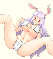 1girls animal_ears arnest bikini bikini_bottom bikini_top breasts bunny_ears bunny_girl cameltoe covered_nipples female female_only hand_on_breast hand_up large_breasts long_hair navel purple_hair red_eyes reisen_udongein_inaba simple_background smile solo solo_female spread_legs sweat swimsuit touhou very_long_hair white_background white_swimsuit