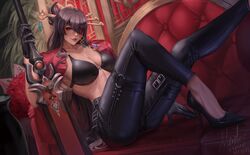 1girls beidou_(genshin_impact) big_breasts breasts brown_hair clothing crop_top eyepatch feet female foot_fetish genshin_impact high_heels looking_at_viewer meister_staze realistic red_eyes solo tight