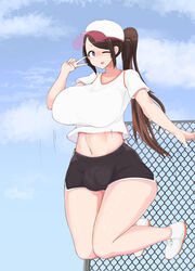 1futa balls baseball_cap big_balls big_breasts big_penis breasts brown_hair bulge clothed clothing fully_clothed futa_only futanari hat horny huge_breasts human jumping knees_together_feet_apart light-skinned_futanari light_skin long_hair midair navel nnilaee pale_skin peace_sign penis ponytail solo thick_thighs v wide_hips wink