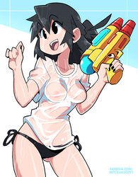 bikini black_bikini black_eyes black_hair breasts lucia_(scott_malin) nipples no_pants ponytail scott_malin see-through see-through_top side-tie_bikini standing tagme the_panty_bear water_gun wet wet_shirt wet_t-shirt wet_t-shirt_contest white_t-shirt