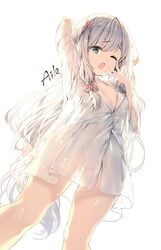 1girls aile0824 big_breasts blue_eyes blush breasts eromanga_sensei izumi_sagiri see-through see-through_clothing shirt_only sleepy tired wet wet_clothes white_hair yawn yawning