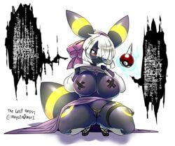 anthro areola big_breasts black_body breasts clothing dialogue eeveelution english_text eyewear female glasses hair hi_res nintendo nipple_tape panties pasties pokémon_(species) pokemon pokemon_(species) solo spread_legs spreading tape text the_lost_artist umbreon underwear video_games white_hair