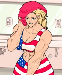 1girls abs amazon american_flag american_flag_bikini american_flag_legwear biceps big_breasts blonde_hair blue_eyes bodybuilder breasts buff cathleen_bate female gym hair hair_down hensket hips human human_only long_hair muscles muscular muscular_arms muscular_female my_hero_academia skin_tight smile smirk solo solo_female solo_focus sports_bra sportswear star_and_stripe_(my_hero_academia) sweat torso towel towel_on_head wide_hips woman