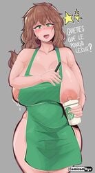 1girls big_breasts brown_hair comicomryu delicia_(comicomryu) iced_latte_with_breast_milk lactating lactating_in_glass lactation lactation_through_clothes long_hair meme milf ryumxr spanish_text starbucks text text_bubble