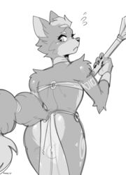 2021 anthro armor ass backsack balls bottomwear bracers canid canine clothed clothing conditional_dnp cosplay crossdressing digital_media_(artwork) femboy fox fox_mccloud genitals girly kippy krystal krystal's_staff loincloth looking_at_viewer male mammal markings nervous nintendo rear_view shy simple_background solo staff star_fox translucent translucent_clothing video_games weapon