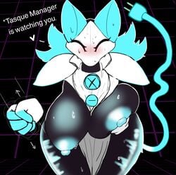 ^_^ air_jerk anthro big_breasts blush breast_squeeze breasts cats deltarune furry jerking_off_hand_motion looking_at_viewer robot tasque_manager_(deltarune)