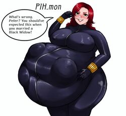 avengers belly big_belly big_breasts black_widow_(marvel) blush bodysuit breasts bulge erect_nipples erect_nipples_under_clothes green_eyes latex marvel marvel_comics natasha_romanoff nipples nipples_visible_through_clothing peter_parker picking_teeth pihmon red_hair same_size_vore skintight spider-man spider-man_(series) tagme_(artist) toothpick vore