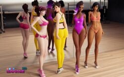 3d 4girls asian asian_female clothed d.va dark-skinned_female dark_skin egyptian female female_only long_legs overwatch pharah pinup sanmie3d sombra tagme tracer wallpaper wide_hips