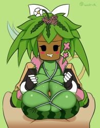 1boy 1girls blaster_master blush breasts clothed_female clothed_female_nude_male cock dick drool drooling female female_focus green_background green_skin huge_breasts human human_on_plantie humanoid kanna_(blaster_master) large_breasts loodrick male mouth_drool nude_male paizuri penis plant plant_girl plant_humanoid plantie pov pov_eye_contact simple_background straight tail tip_peeking