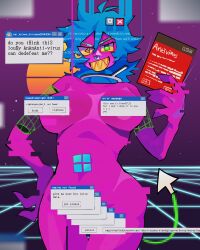 4_fingers antivirus big_breasts blue_hair computer_virus diforland error female image microsoft nose_piercing pink_skin sharp_teeth tagme tagme_(character) text text_box