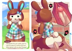 2021 absurd_res aerth anal anal_sex animal_crossing anthro ass bodily_fluids bottomless carmen_(animal_crossing) clothed clothing comic cum cutaway duo english_text faceless_character faceless_male female female_penetrated filbert_(animal_crossing) first_person_view genital_fluids genitals heart hi_res human human_on_anthro instant_loss_2koma internal internal_anal interspecies lagomorph leporid looking_at_viewer male male/female male_penetrating male_penetrating_female male_pov mammal nintendo on_bottom on_top penetration penile penile_penetration penis penis_in_ass rabbit reverse_cowgirl_position sex smile text video_games