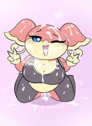 after_sex ahe_gao anthro audino big_breasts blush bodily_fluids bra breasts breathing bukkake chubby_female clothing cum cum_in_mouth cum_in_pussy cum_inside cum_on_face female genital_fluids hi_res looking_at_viewer looking_pleasured nintendo one_eye_closed pokémon_(species) pokemon simple_background slightly_chubby solo sports_bra sportswear thecoldsbarn thick_thighs torn_clothing underwear video_games wink