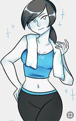 1girls belly_button black_hair black_legwear blank_background blue_tank_top female female_only hand_on_ass hand_on_hip i_need logo looking_at_viewer ponytail smiling smiling_at_viewer solo sparkles tank_top towel white_skin wide_hips wii_fit wii_fit_trainer yoga_pants