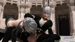 3d asian big_penis clenched_teeth deepthroat fellatio female futa_on_futa futanari gag gagging intersex irrumatio kaine_(nier) kazkazuma light-skinned_female light_skin nier nier:_automata nier_(series) nier_replicant on_side oral oral_rape pale-skinned_female pale_skin penis pink_eyes rape white_hair yorha_a2