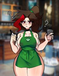 big_breast big_breasts brown_hair confused iced_latte_with_breast_milk may_(thekillerdumb) meme original_character pierced_nipples ponytail red_eyes starbucks thekillerdumb thick_thighs two_tone_hair