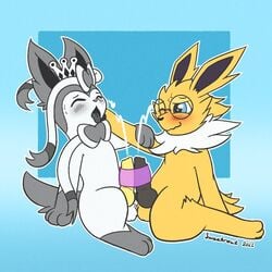 1:1 2021 animal_genitalia animal_penis balls blush bodily_fluids canine_penis cum cumshot digital_media_(artwork) duo eeveelution ejaculation erection eyewear feral frottage fur genital_fluids genitals glasses grey_body grey_fur holding_partner ivan_the_jolteon jolteon knot male male/male male_only male_penetrating male_sylveon mammal nintendo nude open_mouth orgasm penetrable_sex_toy penetration penis pokémon_(species) pokemon pokemon_(species) sex sex_toy sharing_sex_toy signature simple_background simultaneous_orgasms sweetreat sylveon video_games yellow_body yellow_fur