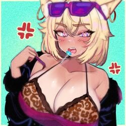 1girls anger_vein angry animal_ears big_breasts blonde_hair blush bra candy ear_piercing eyebrows_visible_through_hair female female_only gyaru heart-shaped_pupils jaguar_print lolipop looking_at_viewer production_kawaii sava_safari_(artist) sava_safari_(vtuber) solo sunglasses sunglasses_on_head symbol-shaped_pupils tan-skinned_female tan_skin tanlines virtual_youtuber