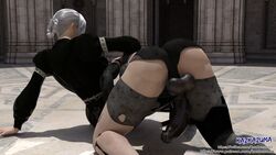 3d asian ass big_ass big_penis black_penis deepthroat fellatio female futa_on_futa futanari gag gagging intersex irrumatio kaine_(nier) kazkazuma light-skinned_female light_skin nier nier:_automata nier_(series) nier_replicant on_side oral oral_rape pale-skinned_female pale_skin penis pink_eyes rape white_hair yorha_a2