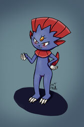 anthro blue_body blush claws cute_fangs fangs female flat_chested genitals hand_on_hip neatnick nintendo nude pokémon_(species) pokemon pussy red_eyes simple_background solo standing video_games weavile