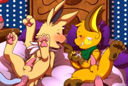 anal anal_sex animal_genitalia animal_penis anthro ass balls blush bodily_fluids clothing cum cum_in_ass cum_inside digital_media_(artwork) duo eeveelution erection feral fur genital_fluids genitals group group_sex jolt_(wm149) jolteon knot lying male male/male male_penetrated male_penetrating male_penetrating_male nintendo nude on_back open_mouth orgy pawpads paws penetration penis pokémon_(species) pokemon pokemon_(species) raichu sex smile tongue tongue_out video_games vitrex yellow_body yellow_fur zarro