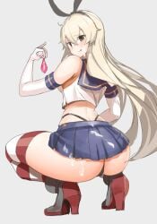 animal_ears ass bangs black_panties black_thong blonde_hair blush bukkake condom cum cum_on_ass elbow_gloves eyebrows_visible_through_hair female from_behind gloves grey_background hagoromoo hairband highres holding holding_condom kantai_collection licking_lips long_hair panties shimakaze_(kantai_collection) simple_background skirt solo squatting striped striped_legwear thighhighs thong tongue tongue_out underwear used_condom white_gloves