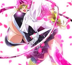 big_breasts bouncing_breasts braided_hair clothing demon_slayer enormous_breasts female female_only green_eyes haori huge_breasts kanroji_mitsuri kimetsu_no_yaiba looking_at_viewer no_bra open_mouth open_shirt petals pink_hair raisuta shiny_skin smile solo sword thighhighs two_tone_hair