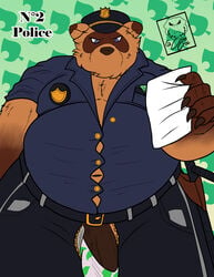 2021 absurd_res animal_crossing anthro belly bottomwear brown_body brown_fur camsan_r_s canid canine clothing fur hat headgear headwear hi_res humanoid_hands male male_only mammal nintendo overweight overweight_male pants police police_badge police_hat police_officer police_uniform raccoon_dog shirt solo tanuki tom_nook topwear underwear uniform video_games