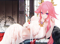 animal_ears bangs blush breasts collarbone covered_nipples female fox_ears genshin_impact hair_ornament jewelry large_breasts long_hair looking_at_viewer lying navel necklace omone_hokoma_agm on_side pendant pink_hair purple_eyes sidelocks thighs very_long_hair yae_miko