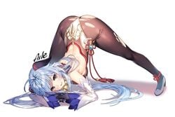 1girls adeptus aile0824 ass ass_focus ass_up blue_hair ganyu_(genshin_impact) genshin_impact horns jack-o_pose purple_eyes qilin thick_ass thighs tight_clothing top-down_bottom-up