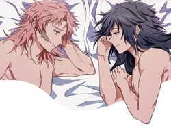 2boys after_sex black_hair demon_slayer gay hair_down in_bed kimetsu_no_yaiba long_hair_male male male_only on_bed on_side pink_hair sabito scar smile tomioka_giyuu under_covers upper_body wholesome yaoi