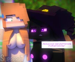 2girls 3d ass background black_skin breast breasts enderwoman female green_eyes hair half-dressed horny_female humanoid marie_prowell_(slipperyt) mine-imator minecraft naked nipples orange_hair outside purple_eyes purple_nipples skin slipperyt tagme text_bubble undressed witch_hat