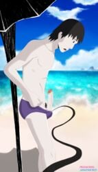 bad_censor beach black_eyes black_hair censored covering covering_crotch erection exposed_penis exposure gay male male_focus male_only male_pov nara_shikamaru naruto naruto_(series) naruto_shippuden offscreen_character offscreen_male open_mouth outdoors pale-skinned_male pale_skin penis penis_out perri pov public_exposure sai short_hair standing surprised swimsuit trunk undressing undressing_another undressing_partner white_hair yaoi