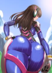 1girls ass ass_focus ayuayu1192 ayuayu_(shouyu_no_sato) big_ass big_butt bodysuit bottom_heavy brown_hair d.va eye_contact favorite female headphones huge_ass large_ass looking_at_viewer looking_back overwatch skin_tight solo standing thick_ass