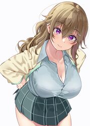 1girls big_breasts breasts brown_hair huge_breasts konoe_kanata large_breasts light-skinned_female light_skin looking_at_viewer love_live! love_live!_nijigasaki_high_school_idol_club purple_eyes school_uniform skirt solo yamasonson