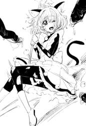 1girls 2boys bell boots breasts cardcaptor_sakura cat_ears chimosaku dress female female_focus human imminent_rape magical_girl monochrome open_mouth penis sakura_kinomoto scared short_hair staff tail torn_clothes wink