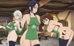 3girls apron apron_only diane_(nanatsu_no_taizai) elizabeth_liones female female_focus female_only iced_latte_with_breast_milk mandio_art meme merlin_(nanatsu_no_taizai) multiple_girls nanatsu_no_taizai the_seven_deadly_sins waitress_uniform