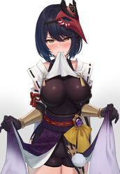 1girls ayul_(ayulneri_92) big_breasts biting_clothes black_elbow_gloves black_gloves black_hair black_long_gloves blue_hair blush breasts elbow_gloves genshin_impact gloves japanese_clothes kujou_sara long_gloves mask subjectivity thighs tight_clothing yellow_eyes