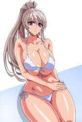 big_breasts bikini breasts busty cleavage female female_only hourglass_figure oninoe original_character ponytail solo solo_female swimsuit tanline voluptuous white_bikini