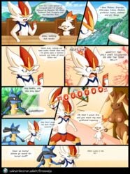 1girls anthro blue_body blue_fur breasts brown_body brown_fur cinderace comic female female_lopunny fire_conejo fur group hi_res humor lopunny lucario male male/female male_cinderace male_pokemon nintendo nipples pink_nipples pokemon pokemon_(species) pokemon_ss red_eyes scorbunny size_difference video_games white_body white_fur